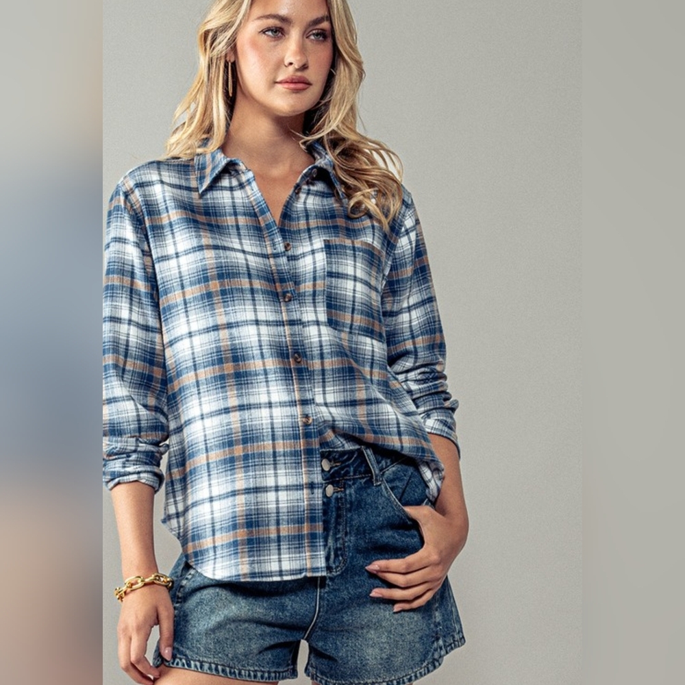 Blue Plaid Flannel Button Down Shirt